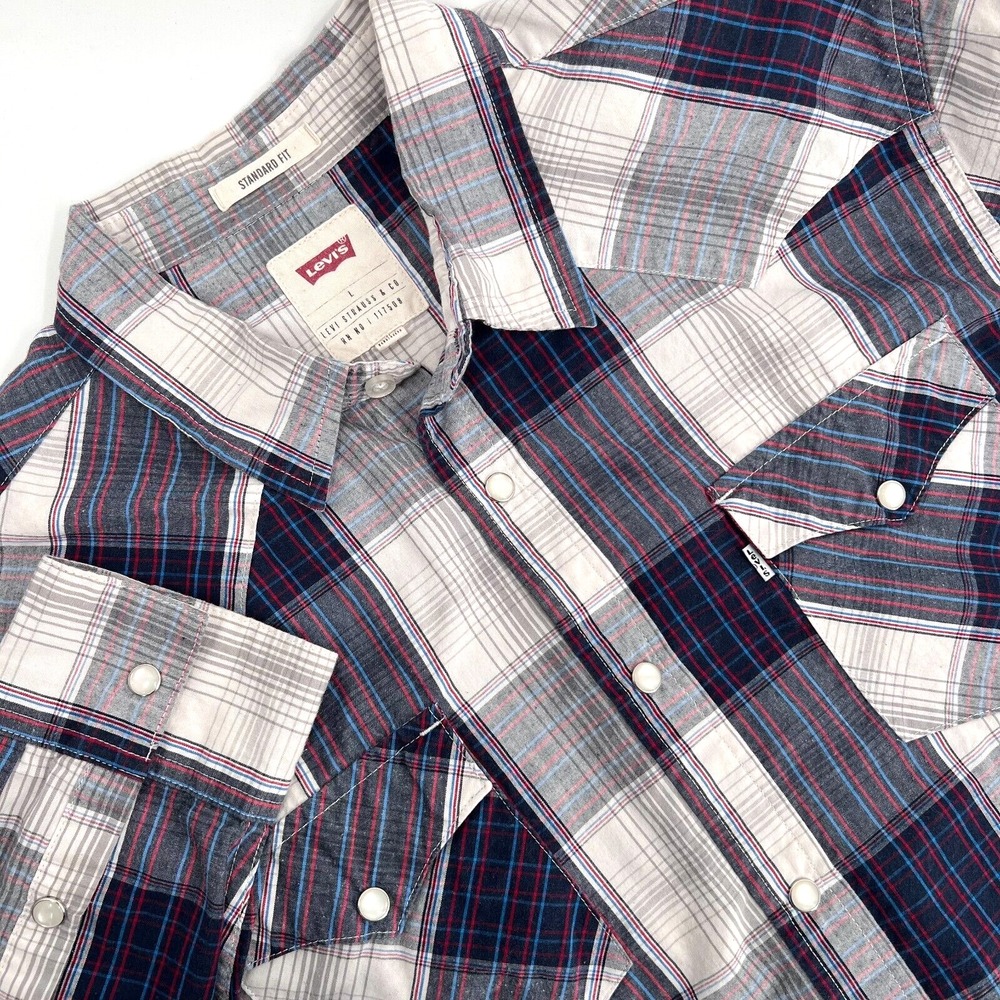 LEVI'S Men's Sz L Standard Fit Blue/Red/White Plaid Long-Sleeve Pearl Snap Shirt